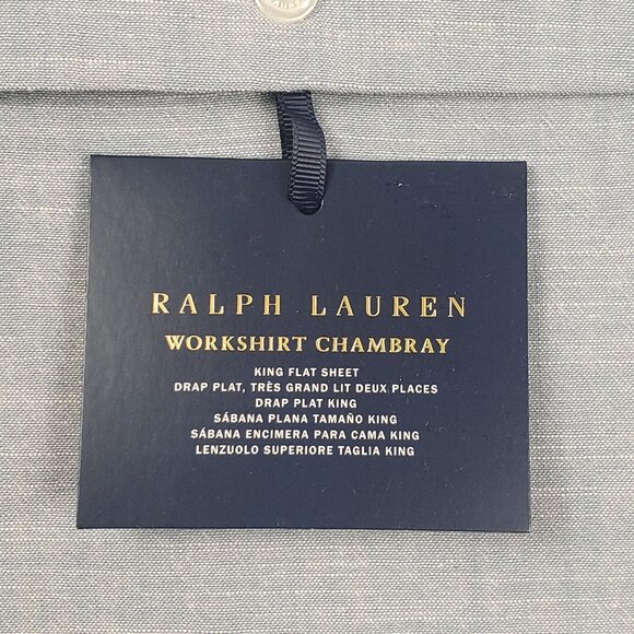 Ralph Lauren Workshirt Chambray King Flat Sheet Blue Luxury Bedding, 114"x108" - Picture 2 of 16
